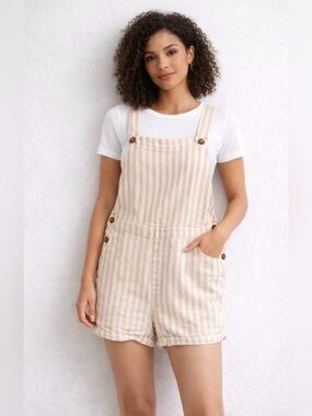 Hollister Beige and Cream Striped Short Overalls